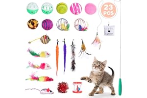 ZWOOS Juguetes para Gatos 23 Piezas Juguete Interactivo para Gatos Mascota Gato Captura Juguetes De Entrenamiento con Gatos Ratón, Bolas Campanas, Plumas Cabezas de Repuesto