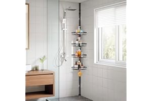 QIUFEN Telescopico Mensola Doccia Angolare Portaoggetti Doccia Senza Foratura Mensola Bagno in Metallo con 4 Ripiani, Mensola per Doccia, Altezza Regolabile da 73-302 cm (Nero)