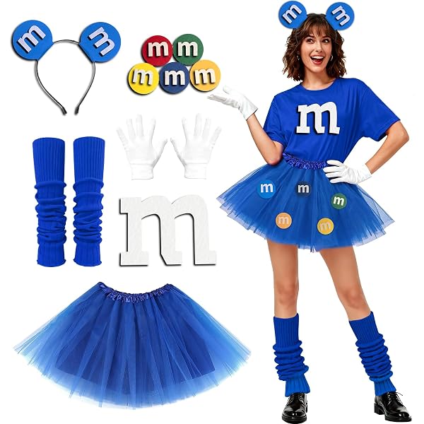 Costume M&M Femme 25 Pièces – T-shirt, Jupe Tulle, Bandeau, Guêtres, Gants – Carnaval
