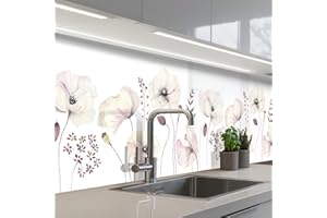 KitchenYeah© Spritzschutz Küchenrückwand 60x250 cm Küche Abwaschbar Selbstklebend Küchenwand Küchenfront Küchen Rückenwand Wandschutz Blumen - Pastell - Pflanzen - Weiß