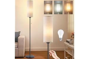 Seruno X Floor Lamp Linen Standing Lamp with 3 Color Temperatures, 9W Led Bulb Included, Modern Black Pole Standard Corner Lamp with Pull Chain Switch and Lampshade for Living Room Bedroom Office