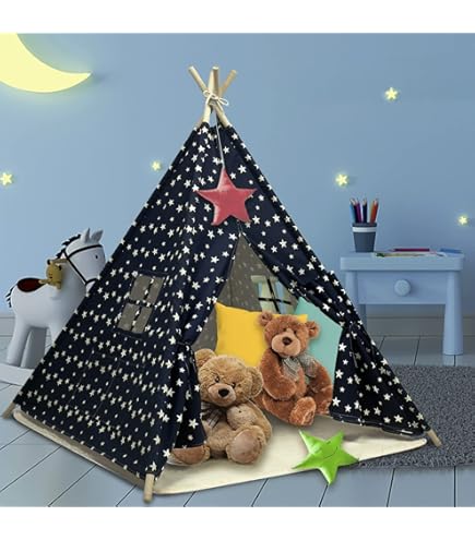 Casetta Tenda Gioco Per Bambini - Con Luci Stelle, Materassino, Porta Velo, 105x121x136 Cm, Blu - Foto 8
