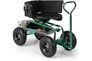 ‎RELAX4LIFE RELAX4LIFE Rollsitz, Fahrbarer Werkstattwagen mit Verstellbarem Drehsitz & Griff, Gartensitz mit Rückenlehne & Abnehmbarem Sitzkissen, Werkzeugwagen mit Ablage & Korb & Tasche (Grün+Schwarz)
