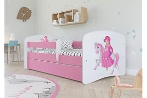 ‎BJIRD Bjird Kinderbett Jugendbett 70x140 80x160 80x180 Rosa mit Rausfallschutz Schublade und Lattenrost Kinderbetten für Mädchen - Prinzessin auf dem Pony 180 cm