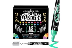 WINSONS 16 Farben Kreidestifte für Tafel Abwaschbar, Fensterstifte Abwischbar, Chalk Marker für Glas, Fenster, Tafel, Whiteboard, Wandtafel, 6mm