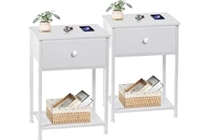 AMHANCIBLE Bedside Table Set of 2, Small Side Table with Fabric Drawer, Sofa Side Table with Storage Shelf, Nightstand with Metal Frame, Coffee Table for Bedroom, Living Room, White UHET03SDWT