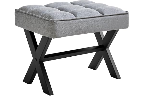 IBUYKE Liten 30,48 cm H fotstödspall, fyrkantig fotpall i linne med X-ben, flera användningsområden som litet sidobord, stegpall för vardagsrum, sovrum, entré, kontor, blå grå WBD011L