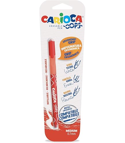 CARIOCA Oops Balpen, intrekbaar, navulbaar, voor school, universiteit en kantoor, met geïntegreerd rubber en ergonomische handgreep, rood, 12 stuks