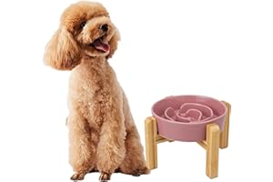 PTOBER Gamelle Anti-Glouton Surélevée pour Chien - Bol en Céramique avec Support en Bambou - Idéale pour Chiens de Petite et Moyenne Taille - Rose - 17 cm