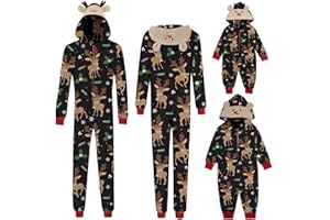 VIUNYCHN Weihnachten Schlafanzug Familie mit Reißverschluss Einteiler Nachtwäsche Kapuze Overall Hausanzug Kuschelig Eltern Kind Hausanzug Christmas Elchdruck Pyjamas Set Weihnachtsschlafanzüge @1