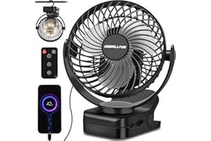 GOBRILLFUN 6 Zoll 12000 mAh Fernbedienung Clip-On-Ventilator, LED-Nachtlicht, 3 Geschwindigkeiten, tragbarer persönlicher USB-Ventilator für Zuhause, Büro, Wohnmobil, Camping im Freien – Schwarz