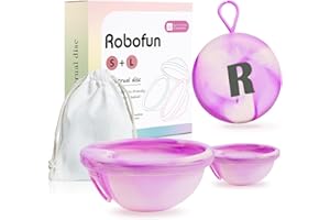 Robofun Wiederverwendbare Menstruationsscheibe Set, 2 Periodenscheibe (S+L), bis zu 12 Stunden, Menstruationsscheibe für leichte oder starke Regelblutung, Sicher bei Sport und Schwimmen - Lila&Rosa