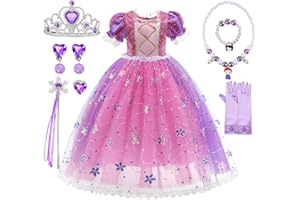 HOUSTAR Kostium księżniczki dla dziewczynek, Sofia Roszpunka, sukienka dla dziewcząt, z koroną, wróżka, naszyjnik, Roszpunka, sukienka księżniczki, długa spódnica, fantazyjny strój na imprezę, dla