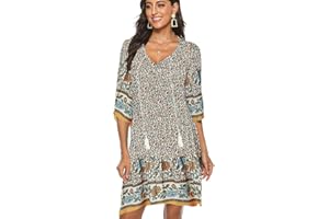 BDTECAOR Damen Vintage Ethnostil Blumenmuster Bohemian Tunika Kleid V-Ausschnitt 3/4 Arm Strandkleider Sommerkleider