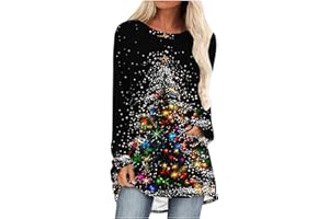 duxyoz Christmas T Shirts Women Plus Size Longline Long Sleeve Tunic Top Ladies Round Neck Blouse Casual Loose Fit Xmas Jumpers Oversized Tshirts Elegant Festival Tops