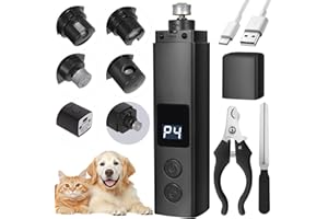BUOAZR Lima de Uñas Eléctrica para Perros y Gatos, Ajustable 4 Velocidades(7500/12000rpm), 3 Puertos, 45 dB, Portátil Cortauñas para Perros con Luz Led para Perros Pequeños, Medianos y Gatos(Negro)