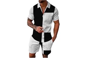 EQWIGKEIT Herren Trainingsanzug Set Lässig Sportanzug Casual T Shirts Und Kurze Hose Jogginganzug Herren Set Baggy Freizeitanzug 2 Teiliges Bedruckter Polo Hemd Set Casual Sommer Anzug Herren
