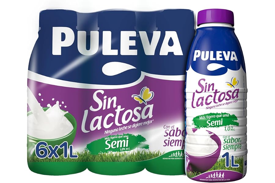 Puleva - Leche Puleva Sin Lactosa Semidesnatada 1 % M.G., Fácil de Digerir, Rico en Calcio y Vitaminas A, D y E, Ideal para I