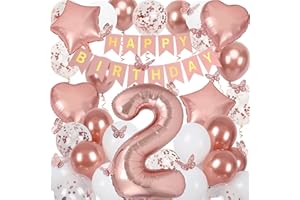 NELOTAOR 2nd Birthday Decorations for Girls, Rose Gold 40 Inch Age 2 Foil Birthday Balloons with Happy Birthday Banner and Butterfly Stickers, for Baby Shower, Girls Women Birthday Party