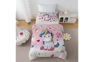 DJDEA Rainbow Unicorn Cot Bed Duvet Cover Set 120x150cm, Toddler Bedding Set for Kids Girls Funny Unique Music Unicorn Pattern Design Soft Microfiber Quilt Cover Matching Pillowcase 40x60cm