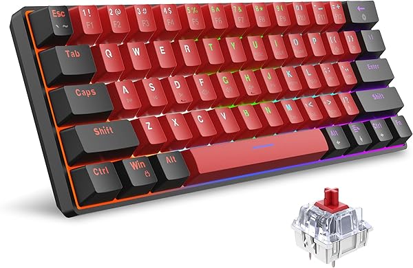 Snpurdiri 60% Wired Mechanical Keyboard, Mini Gaming Keyboard with 61 Keys for PC, Windows XP, Win 7, Win 10 (Black-Red, Red Switches) - 1