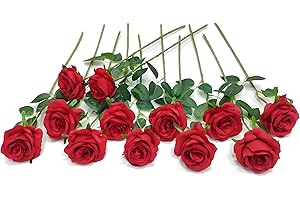 Laelfe 12 Pcs Rosas Rojo Artificiales, Rosas Artificiales de Tallo único, Flores Artificiales Realistas para Decoración de Bodas, Aniversario, Decoración del Hogar, Jardín, Hoteles (Rojo)