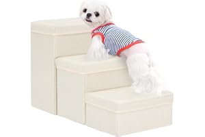 Uross Dog Stairs with Storage 3-Steps, Pet Steps for Small Medium Large Dogs, Pet Stairs to Bed for Old Cats, Dog Puppy Step for Couch (Beige)