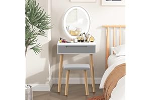YOURLITE Makeup Vanity Table Set Dressing Table Vanity Cabinet with Stool Dresser with LED Mirror, White, 1 Drawer
