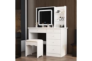 ‎CALDION Caldion Schminktisch mit Beleuchtung,Spiegel und Hocker Frisiertisch Schminktische mit 5 Schubladen Kosmetiktisch weiß 100 * 135cm