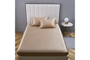 Boqingzhu Satin Spannbettlaken 180x200cm Gold Uni Seide Spannbetttuch Microfaser Bettlaken für bis 25cm Matraze