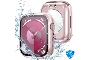 Kamita Wasserdicht Hülle für Apple Watch Series 9 8 7 45mm, 2 in 1 Hart PC Bumper Case mit Displayschutz aus Gehärtetem Glas, 360° Rundum Schutz Cover Schutzhülle für iWatch9/iWatch8/iWatch7 (Rosa)