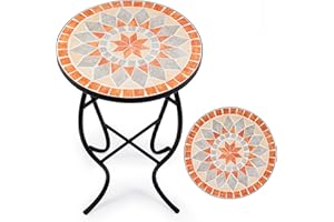 VONLUCE Tavolino Rotondo da Giardino, Supporto per Piante, Tavolo Mosaico con Piano in Piastrelle di Ceramica da 35,5 cm, Mobili da Esterno, Tavolino da Caffè per Casa e Giardino (Arancione)