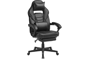 SONGMICS Sedia da Ufficio, Poltrona Racing Ergonomica, Poggiapiedi Telescopico, Schienale Inclinabile, Poggiatesta e Supporto Lombare, Portante di 150 kg, Nero Inchiostro OBG073B05