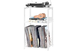 LELELINKY 3-Tier Vinyl Record Stand, Vintage Vinyl Shelf Side Table, Record Player Table with Storage Space for up to 100 Albums, Record Shelf Holder for Living Room and Office (White)
