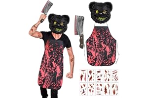 Epokus Disfraz de Oso de Terror, Disfraz de Halloween para Hombre, Máscara de Oso Negro, Cuchillo de Cocina Sangriento, Delantal, Adhesivo para Halloween Carnaval Tema Terror Cosplay Fiesta