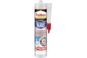 ‎PATTEX Pattex Perfektes Bad Schimmel Blocker Silikon, Sanitärsilikon mit 4-fach-Schutz gegen Schimmel, Dichtmasse für 5 Jahre garantiert saubere Silikonfugen, 1 x 300ml
