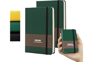 TUNJILOOL A7 Leather Journal Notebook - 2Pack Dotted/Grid/Blank Pages, 100GSM Thick Paper, Water-Resistant Cover, Elastic Closure & Inner Pocket (Green)