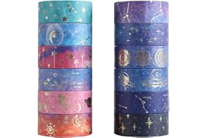 UDEWO 12 Rolls Washi Tape Set, Galaxy Purple Washi Tape Decorative Masking Tape Pastel Scrapbook Tape Aesthetic Gold Foil Washi Tape Stickers for DIY, Bullet Journal, Arts Craft, Gift Wrapping Decoration