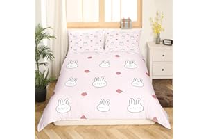 HOMEWISH Erdbeer Bettwäsche 155 x 220 Niedliche Kaninchen Bettbezug Kawaii Tier Bettwäsche Set für Kinder Jungen Süße Frucht Bettbezug Mädchen Pastell Rosa Bettwäsche Set mit 2 Kissenbezüge,Leichtes Weich
