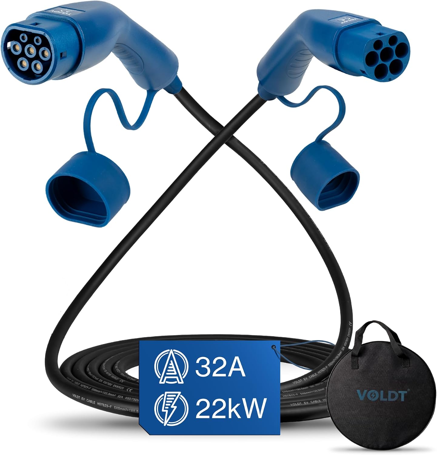 VOLDT Cable de carga tipo 2, 22 kW, 32 A, 3 fases, para vehículos eléctricos EV PHEV, tipo 2 a tipo 2, modo 3, cable de carga, adecuado para modelos S/X/Y/3, ID.4, E-Tron, e-208, I4, IX1, Zoe, etc