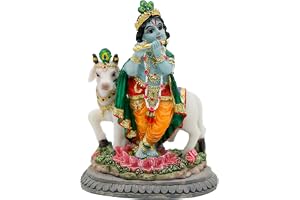 Hindu Idol Lord Krishna Statue - 3.7”H Handmade Standing Krishna Murti Playing Flute with Cow for Home Office Mandir Temple Altar Shrine Pooja Item Diwali Puja Gifts