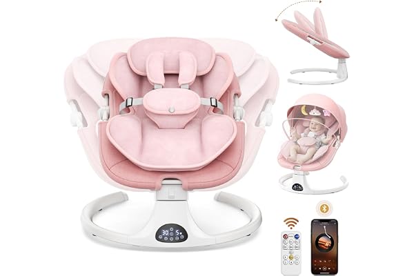 Transat Bebe Electrique, Balancelle Bebe Electrique avec Harnais à 5 Points, 5 Modes du Balancement, minuterie à 3 Niveaux, télécommande et Musique, utilisable en intérieur et en extérieur (Rose)