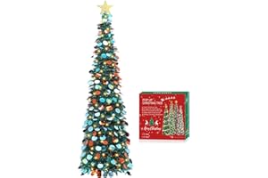 HMASYO 5FT/1.5M Pop Up Christmas Tree with Timer Lights, Green Tinsel Christmas Tree, Collapsible Artificial Pencil Tree Xmas Decoration for Indoor Home Apartment Porch Party, Easy Assembly