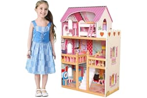 BAKAJI Casa delle Bambole Giocattolo per Bambini Realizzata Interamente in Legno 3 Piani 5 Stanze Curata in Ogni Dettaglio con Mobili e Accessori Gioco Dimensione 60 x 30 x H90 cm (61 x 30 x 91 cm)