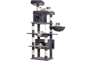 Heybly Árbol para Gatos Alto, 178 cm Altura, Columna Rascador para Gatos Domésticos, Árbol Multi - Niveles: 8 Columnas Rascador, 2 Huecos, 2 Plataformas, Hamaca y Cesto, Gris Claro HCT036G