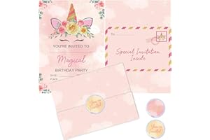 BestaFiesta 36 Unicorn Party Invites Kids Party Invitations Kid's Party Invites Childrens Birthday Party Invitation's Girls Party Invitations with Folding Envelope Design and Holographic Stickers
