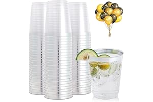 PECEWLOS 50 Vasos De Plástico Con Borde De Plateado, 300 ml, Vasos De Plástico Reutilizables, Elegantes Copas De Vino Para Fiestas, Champán, Cerveza, Cóctel, Martini, Refrescos, Postres (10,5 x 7,5 cm)