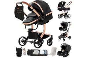 Magic ZC PU Leather 3 in 1 Pushchair Pram Travel System, Baby Stroller 3 in 1 with Reversible Two Pushing Modes, Newborn Infant Carriage One-Click Folding, Toddler Buggy Aluminum Frame (Black 518)