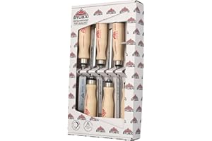 STUBAI Spezial Stemmeisensatz | schwedische Form | 6-teilig (6/10/13/16/20/26 mm) | Weißbuchen-Holzheft, polierte Spiegelflächen, Seitenfasen, Profi-Beitel-Set für präzise Holzbearbeitung