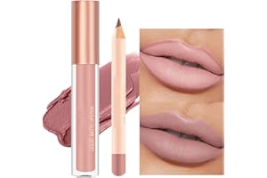 GEEWHILE Lip Liner and Lipstick Set Nude Lipstick Lip Liner Set, Nude Liquid Lipgloss Long Lasting Waterproof Lip Stain, Highly Pigment Non-Sticky Lip Stick & Lipliner Pencil for Daily Makeup